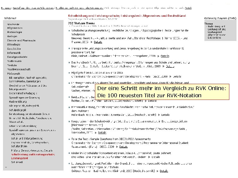 Der eine Schritt mehr im Vergleich zu RVK Online: Die 100 neuesten Titel zur