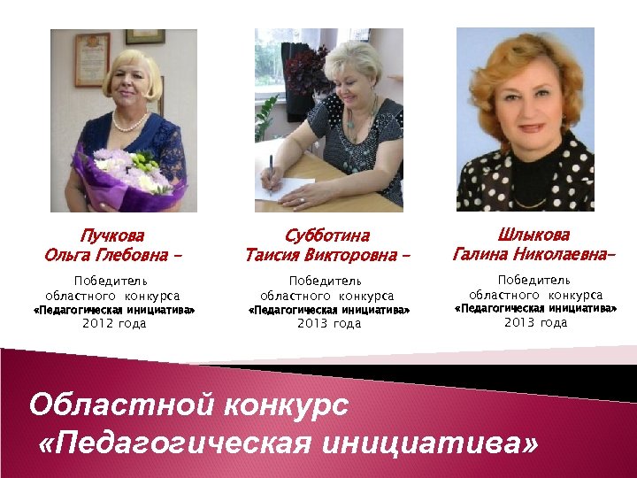 Пучкова Ольга Глебовна – Субботина Таисия Викторовна – Шлыкова Галина Николаевна– Победитель областного конкурса