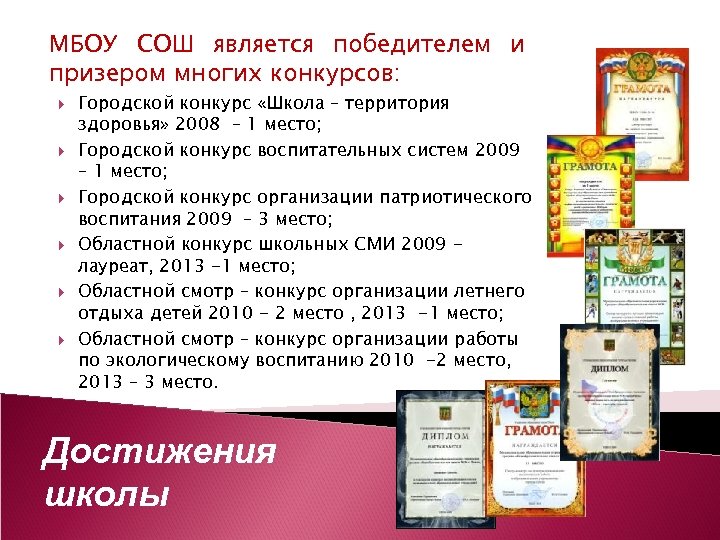 МБОУ СОШ является победителем и призером многих конкурсов: Городской конкурс «Школа – территория здоровья»