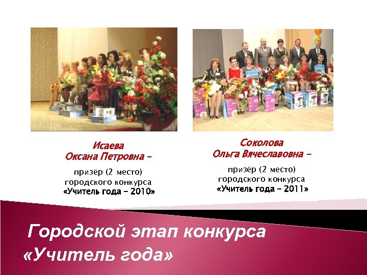 Исаева Оксана Петровна – призёр (2 место) городского конкурса «Учитель года – 2010» Соколова