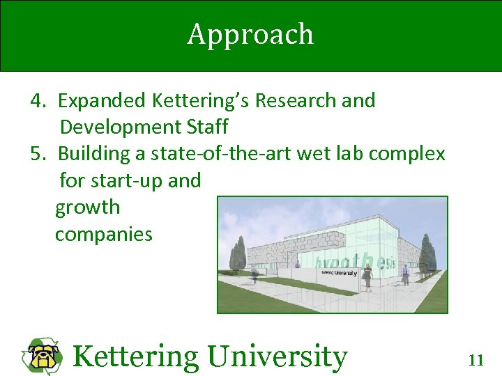 Approach 4. Expanded Kettering’s Research and Development Staff 5. Building a state-of-the-art wet lab