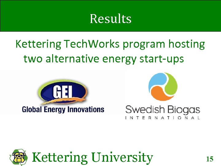 Results Kettering Tech. Works program hosting two alternative energy start-ups Kettering University 15 