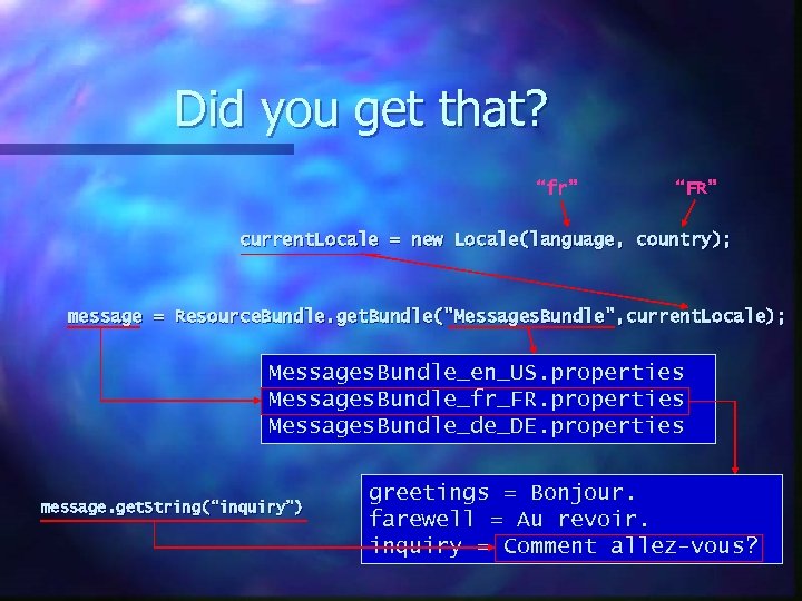 Did you get that? “fr” “FR” current. Locale = new Locale(language, country); message =