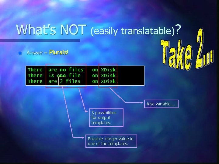 What’s NOT (easily translatable)? n Answer = Plurals! There are no files is one