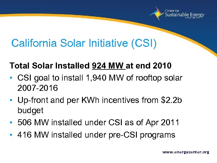 California Solar Initiative (CSI) Total Solar Installed 924 MW at end 2010 • CSI