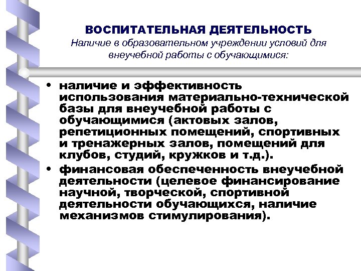 ВОСПИТАТЕЛЬНАЯ ДЕЯТЕЛЬНОСТЬ Наличие в образовательном учреждении условий для внеучебной работы с обучающимися: • наличие