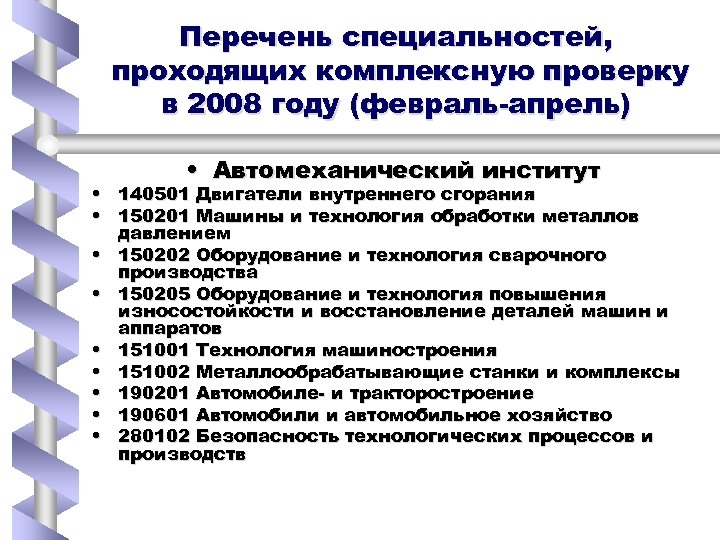 Перечень специальностей, проходящих комплексную проверку в 2008 году (февраль-апрель) • Автомеханический институт • 140501