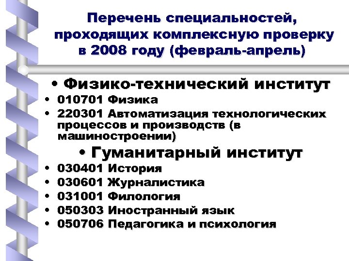 Перечень специальностей, проходящих комплексную проверку в 2008 году (февраль-апрель) • Физико-технический институт • 010701