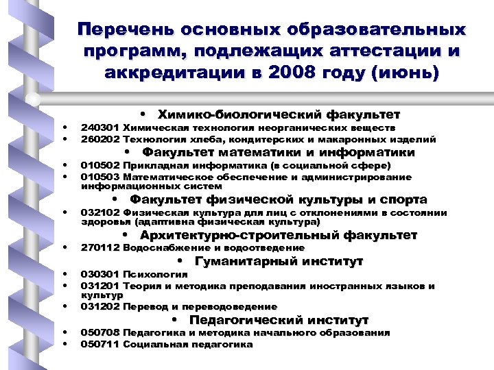 Перечень основных образовательных программ, подлежащих аттестации и аккредитации в 2008 году (июнь) • Химико-биологический