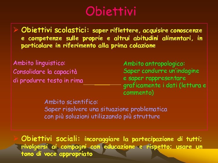Obiettivi Ø Obiettivi scolastici: saper riflettere, acquisire conoscenze e competenze sulle proprie e altrui