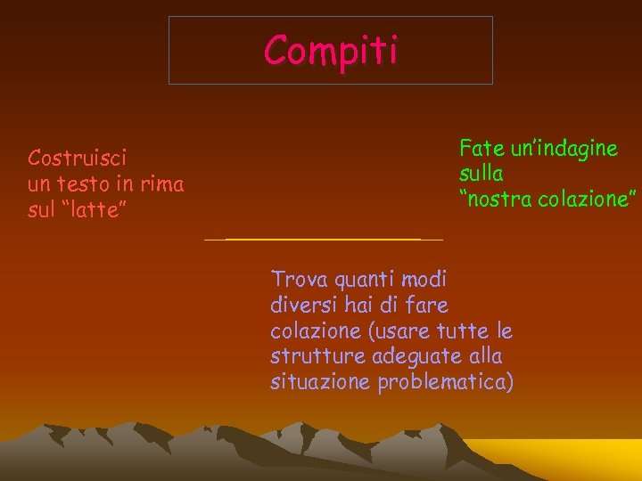 Compiti Costruisci un testo in rima sul “latte” Fate un’indagine sulla “nostra colazione” Trova