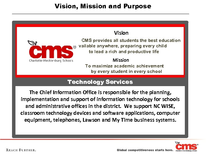 Vision, Mission and Purpose Vision CMS provides all students the best education available anywhere,