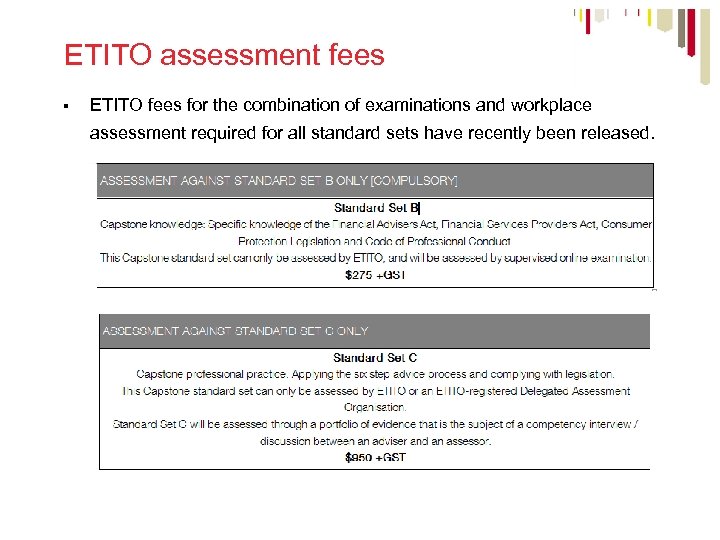 ETITO assessment fees § ETITO fees for the combination of examinations and workplace assessment