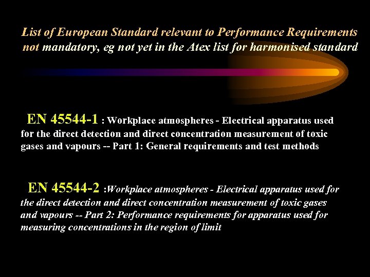 List of European Standard relevant to Performance Requirements not mandatory, eg not yet in