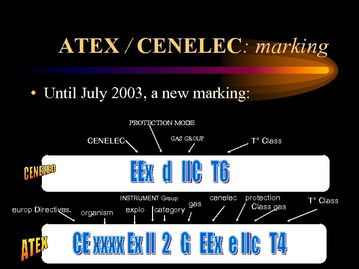 ATEX / CENELEC: marking • Until July 2003, a new marking: PROTECTION MODE GAS