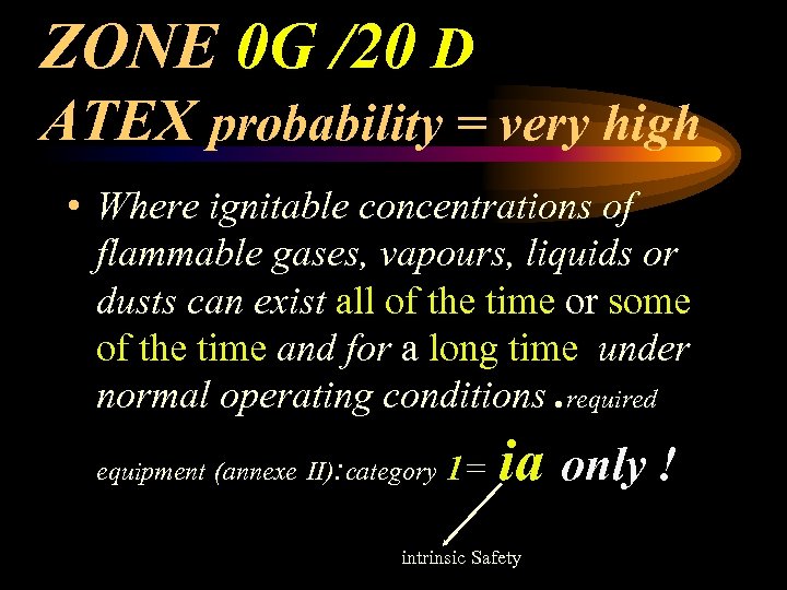 ZONE 0 G /20 D ATEX probability = very high • Where ignitable concentrations