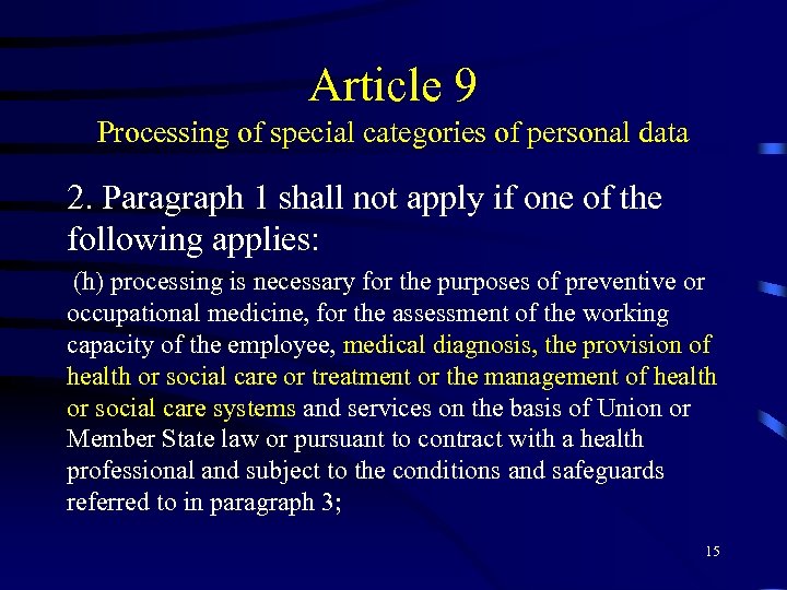 Article 9 Processing of special categories of personal data 2. Paragraph 1 shall not