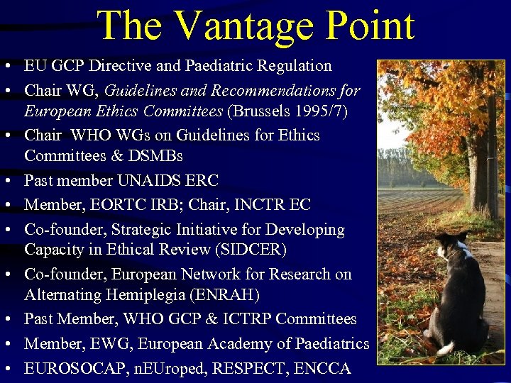 The Vantage Point • EU GCP Directive and Paediatric Regulation • Chair WG, Guidelines