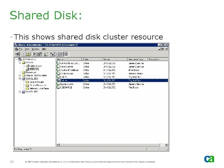 Shared Disk: - This shows shared disk cluster resource 20 © 2005 Computer Associates