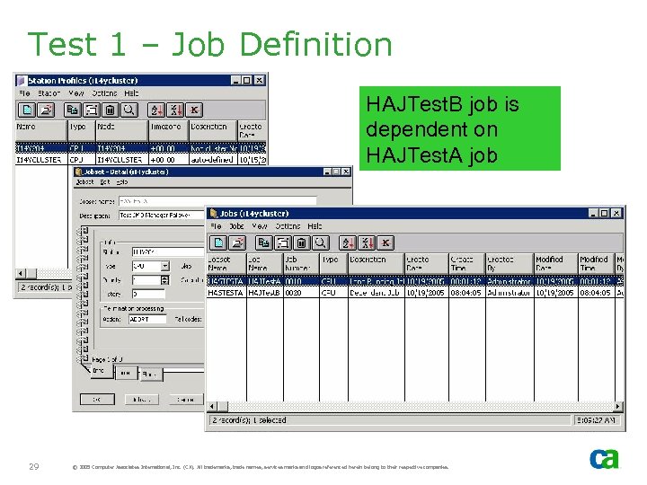 Test 1 – Job Definition HAJTest. B job is dependent on HAJTest. A job