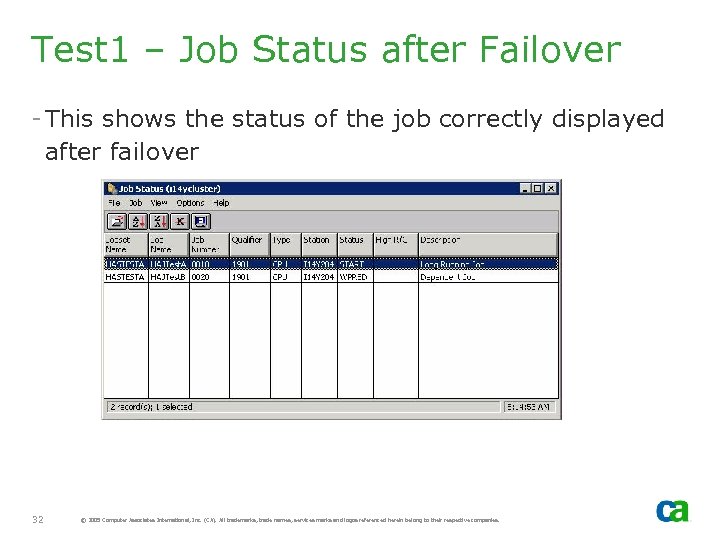 Test 1 – Job Status after Failover - This shows the status of the