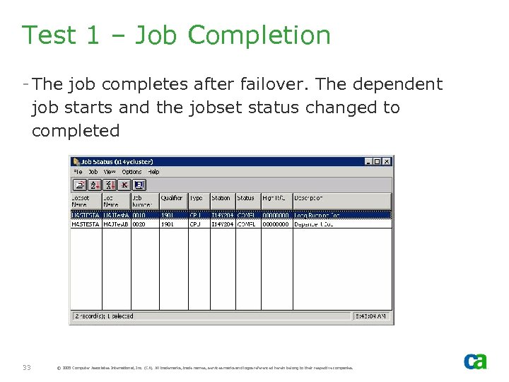 Test 1 – Job Completion - The job completes after failover. The dependent job