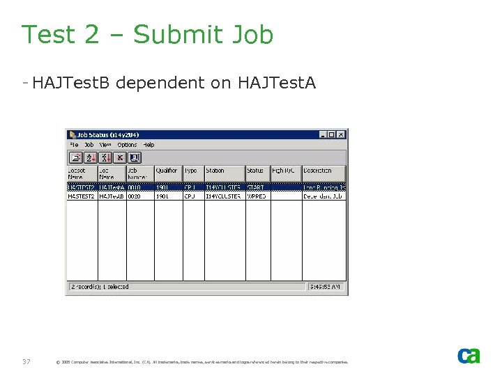 Test 2 – Submit Job - HAJTest. B dependent on HAJTest. A 37 ©