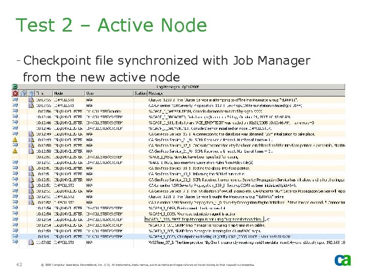 Test 2 – Active Node - Checkpoint file synchronized with Job Manager from the