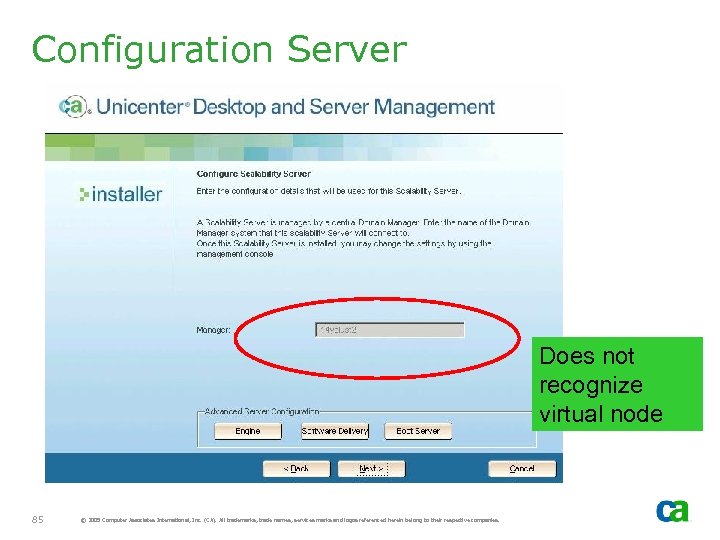 Configuration Server Does not recognize virtual node 85 © 2005 Computer Associates International, Inc.