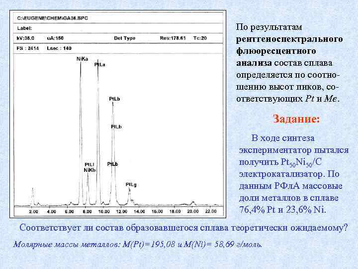По результатам рентгеноспектрального флюоресцентного анализа состав сплава определяется по соотношению высот пиков, соответствующих Pt