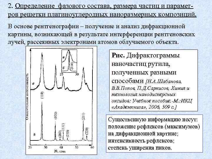 2. Определение фазового состава, размера частиц и параметров решетки платиноуглеродных наноразмерных композиций. В основе