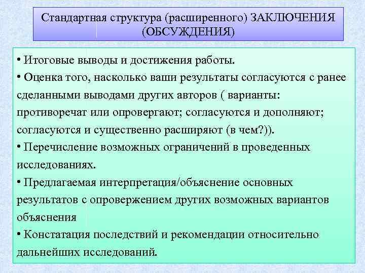 Стандартная структура (расширенного) ЗАКЛЮЧЕНИЯ (ОБСУЖДЕНИЯ) • Итоговые выводы и достижения работы. • Оценка того,