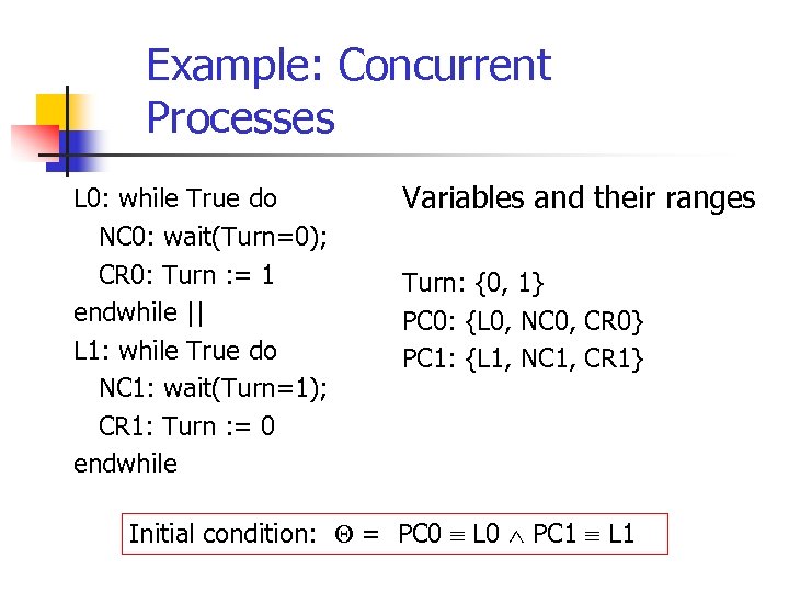 Example: Concurrent Processes L 0: while True do NC 0: wait(Turn=0); CR 0: Turn
