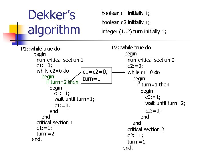 Dekker’s algorithm boolean c 1 initially 1; boolean c 2 initially 1; integer (1.