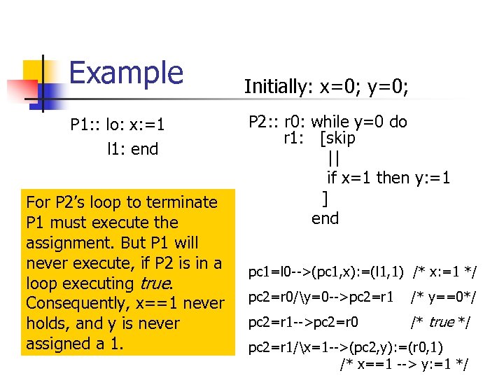 Example P 1: : lo: x: =1 l 1: end For P 2’s loop