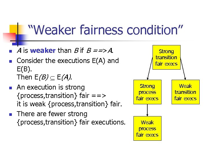 “Weaker fairness condition” n n A is weaker than B if B ==>A. Consider