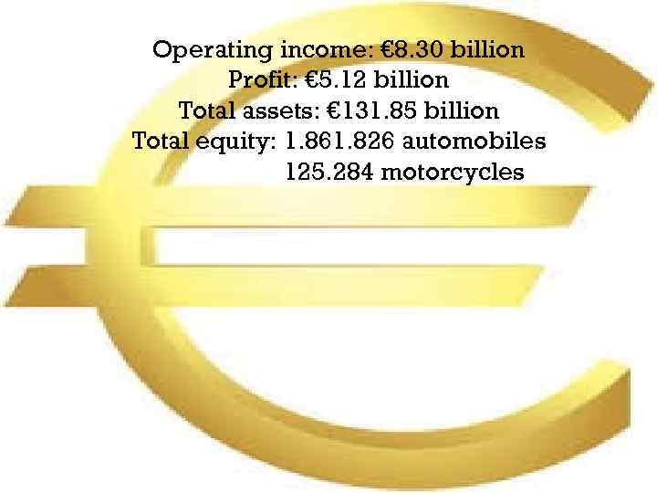 Operating income: € 8. 30 billion Profit: € 5. 12 billion Total assets: €