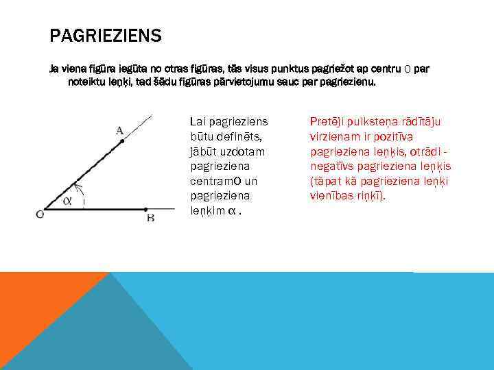 PAGRIEZIENS Ja viena figūra iegūta no otras figūras, tās visus punktus pagriežot ap centru