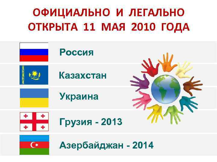 ОФИЦИАЛЬНО И ЛЕГАЛЬНО ОТКРЫТА 11 МАЯ 2010 ГОДА Россия Казахстан Украина Грузия - 2013