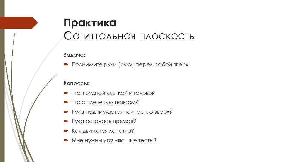 Практика Сагиттальная плоскость Задача: Поднимите руки (руку) перед собой вверх Вопросы: Что грудной клеткой