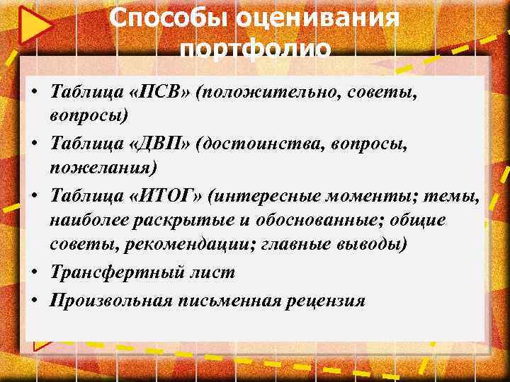 Способы оценивания портфолио • Таблица «ПСВ» (положительно, советы, вопросы) • Таблица «ДВП» (достоинства, вопросы,
