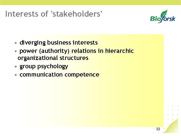 Interests of 'stakeholders' • diverging business interests • power (authority) relations in hierarchic organizational