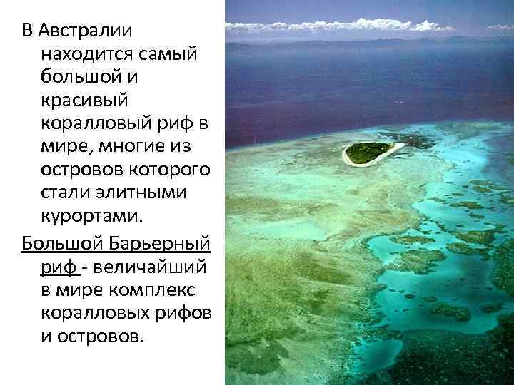 В Австралии находится самый большой и красивый коралловый риф в мире, многие из островов