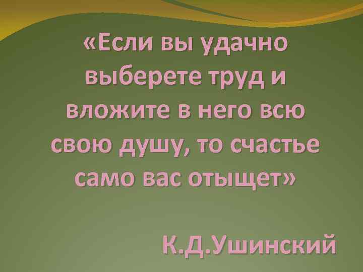  «Если вы удачно выберете труд и вложите в него всю свою душу, то