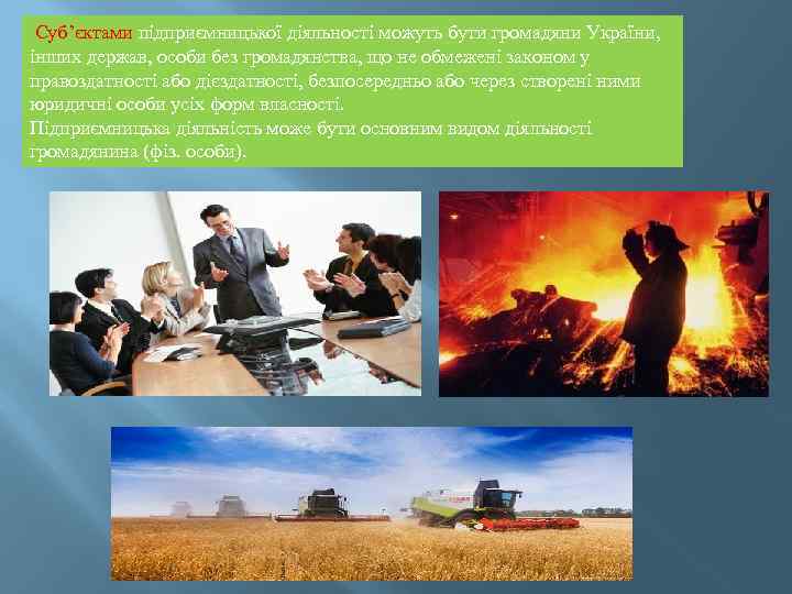  Суб’єктами підприємницької діяльності можуть бути громадяни України, інших держав, особи без громадянства, що
