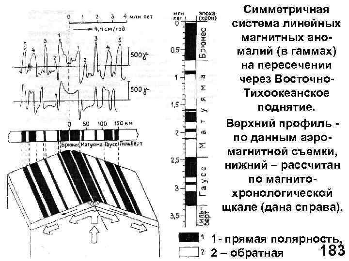  Симметричная система линейных магнитных ано малий (в гаммах) на пересечении через Восточно Тихоокеанское