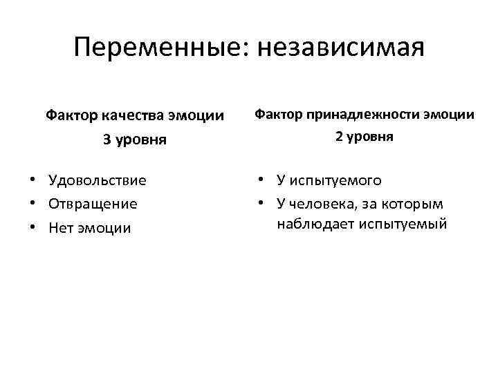 Переменные: независимая Фактор качества эмоции 3 уровня • Удовольствие • Отвращение • Нет эмоции