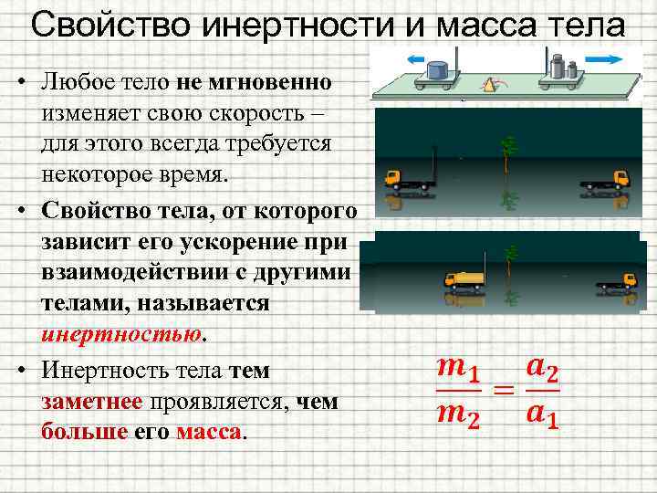 Свойство инертности и масса тела • Любое тело не мгновенно изменяет свою скорость –