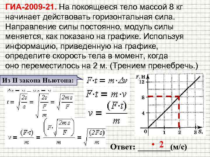 ГИА-2009 -21. На покоящееся тело массой 8 кг начинает действовать горизонтальная сила. Направление силы