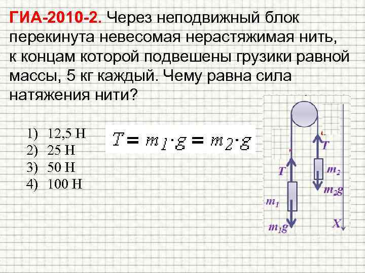 ГИА-2010 -2. Через неподвижный блок перекинута невесомая нерастяжимая нить, к концам которой подвешены грузики